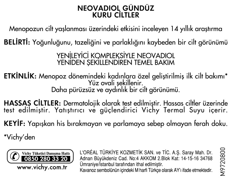  Vichy Neovadiol Kuru Cilt için Gündüz Bakım Kremi 50 ml Ürün Etiketi