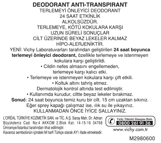  Vichy Anti-Transpirant Terleme Karşıtı Deodorant 125ml Ürün Etiketi