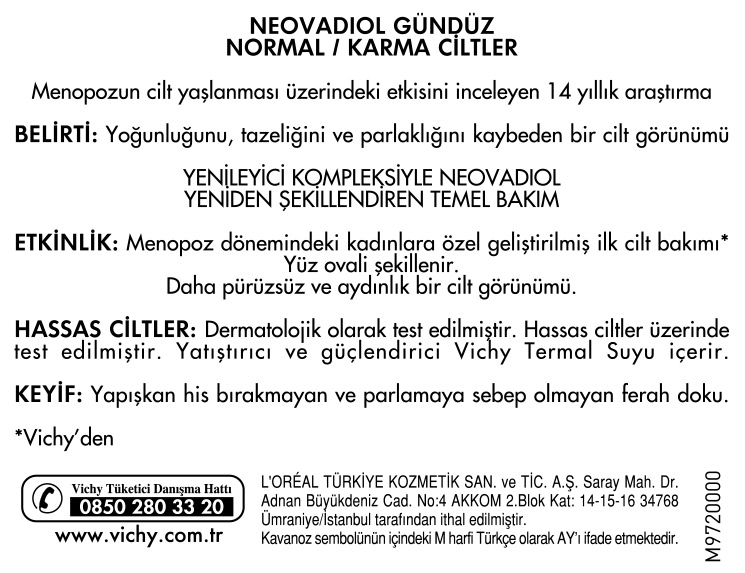  Vichy Neovadiol Normal ve Karma Cilt için Gündüz Bakım Kremi 50 ml Ürün Etiketi